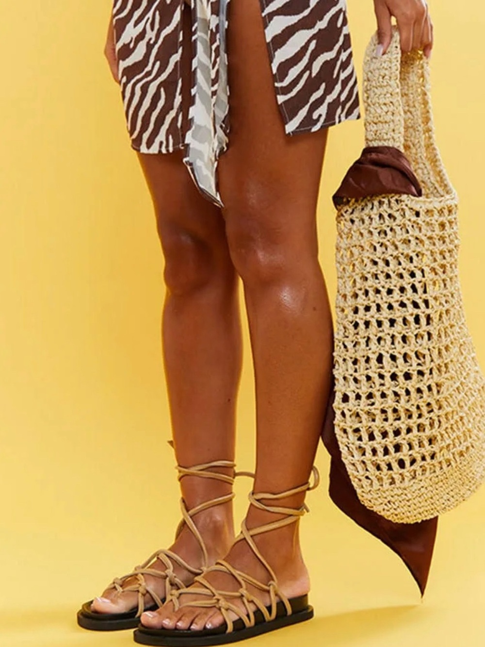 PrettyLittleThing Tan Lace-Up Strappy Flat Sandals